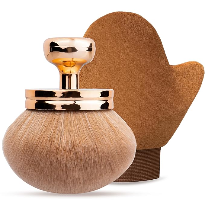 Self Tanning Brushes- Blend & Blur Extra Large Body Makeup Brush & Tanning Mitt, 2 Pcs, Kabuki Body Brush Applicator for Tan, Foundation, Self Tanner Glove for Application, Mousse, Lotion (Rose Gold)-Velvo Beauty