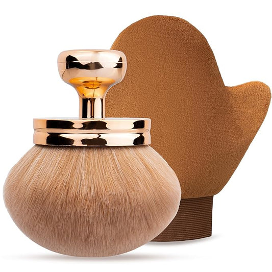 Self Tanning Brushes- Blend & Blur Extra Large Body Makeup Brush & Tanning Mitt, 2 Pcs, Kabuki Body Brush Applicator for Tan, Foundation, Self Tanner Glove for Application, Mousse, Lotion (Rose Gold)-Velvo Beauty