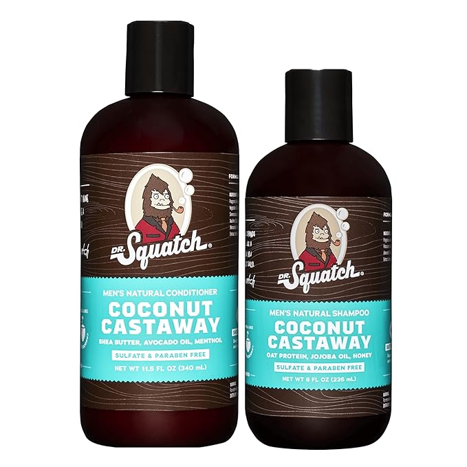 Dr. Squatch Natural Hair Bundle for Men - Healthy, Full Looking Hair - Coconut Castaway Shampoo (8 fl oz), Coconut Castaway Conditioner (11.5 fl oz)-Velvo Beauty