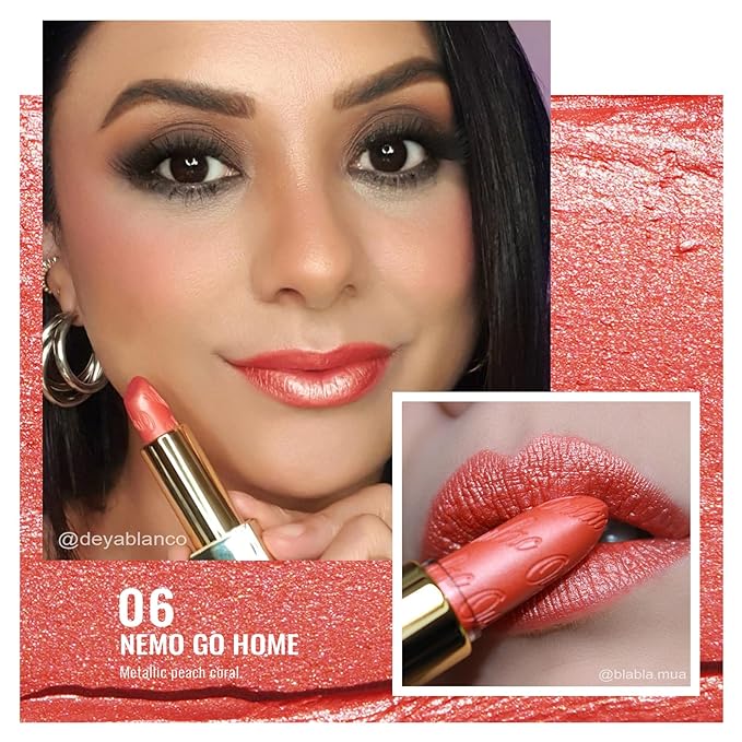 Oulac Coral Pink Lipstick for Women with Metallic 3D Shine Lightweight Hydrating Formula, High Impact Lip Color, Vegan Beauty, Full Coverage Lip Makeup, Christmas Gifts for Women, Nemo Go Home(06)-Velvo Beauty