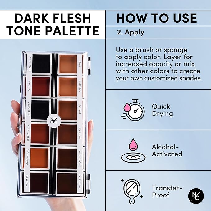 12 Color Dark Flesh Tone Alcohol Activated Makeup Palette Kit - Includes Alcohol Activator and Moisturizing Remover - Waterproof Makeup for Professional Makeup Artists-Velvo Beauty