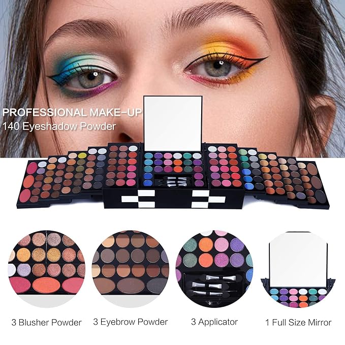 All In One Makeup Kit 142 Ultimate Colors Matte Shimmer Eyeshadow Palette Colorful Gifts For Women 3 blush 3 Sponge Brushs 3 Eyebrow Powder Professional Cosmetics Fashion Women Makeup Case Full Make U-Velvo Beauty