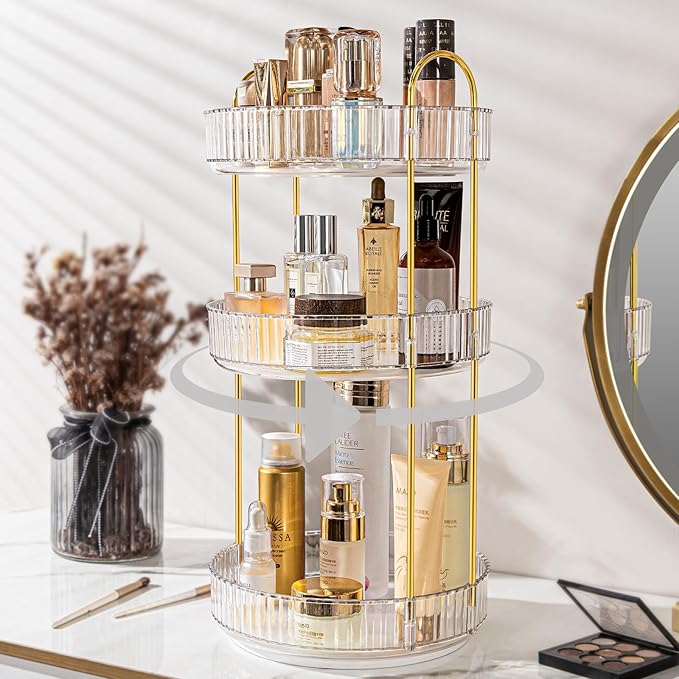 Vanity Organizer - 360 Rotating Countertop, High-Capacity Skincare & Cosmetics Organizer (3 Tiers, Clear)-Velvo Beauty