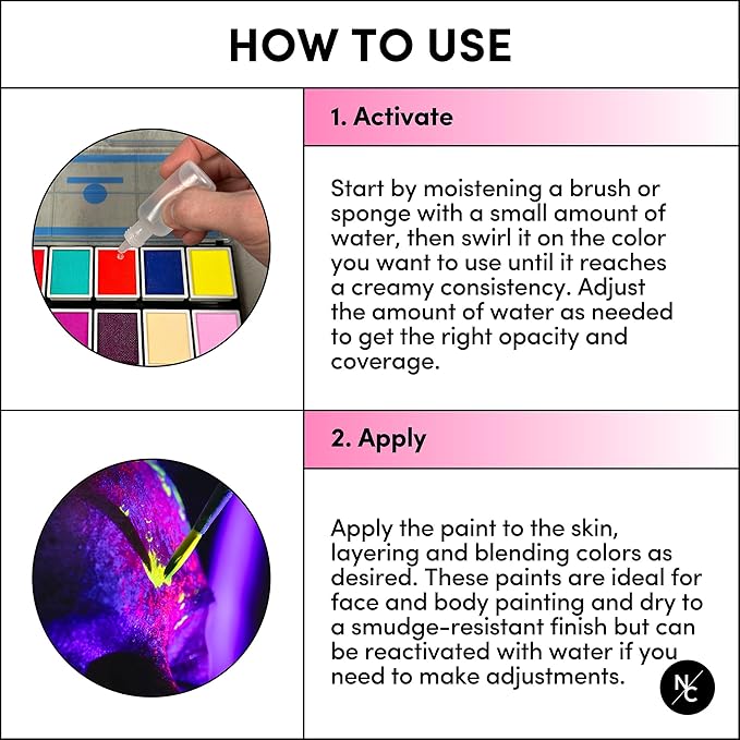 UV 12-Color Palette - Water-Activated Neon Glow Makeup for Face & Body - Fluorescent Shades for SFX, Party Makeup, Cosplay & Theatrical Performances-Velvo Beauty