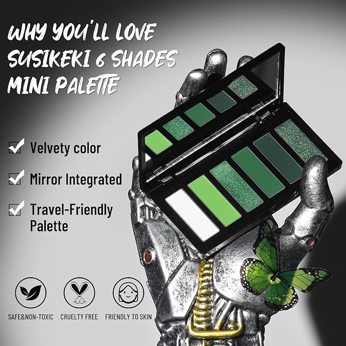 Green Eyeshadow Palette with Mirror Lime Forest Emerald Tones Matte Shimmer 6 Colors Mini Eye Shadow Pallet Travel Size Highly Pigmented for Goth Fairy Joker Wicked Halloween Parties Makeup-Velvo Beauty