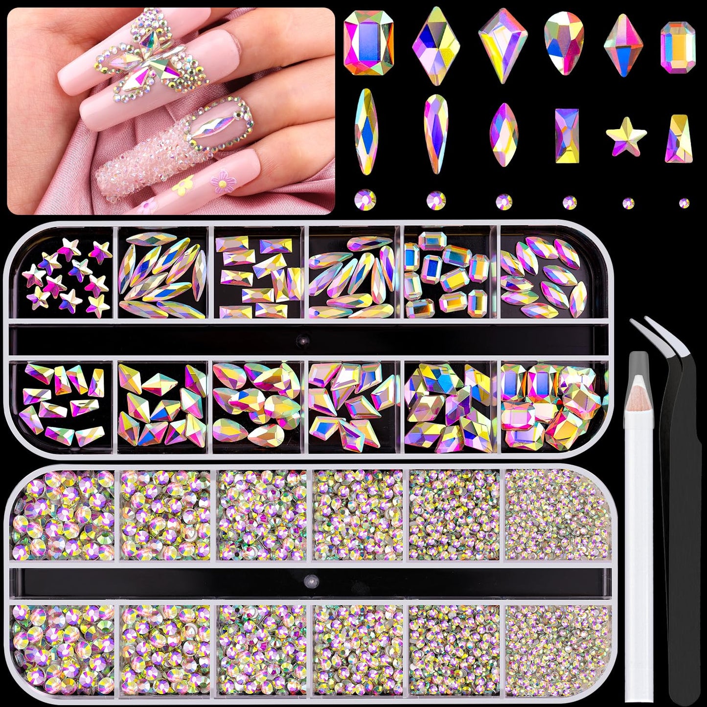 3220Pcs AB Glass Nail Rhinestones 120Pcs Multi Shapes Flatback Gems Crystal + 3100Pcs 1.5-4mm Round Beads, Manicure Diomand Jewelry Gemstones for Nail Design Makeup Acrylic Nails Decoration-Velvo Beauty