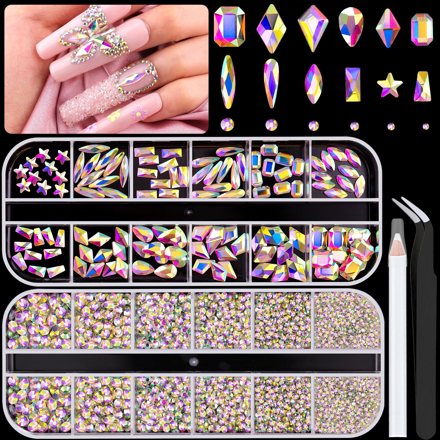 3220Pcs AB Glass Nail Rhinestones 120Pcs Multi Shapes Flatback Gems Crystal + 3100Pcs 1.5-4mm Round Beads, Manicure Diomand Jewelry Gemstones for Nail Design Makeup Acrylic Nails Decoration-Velvo Beauty