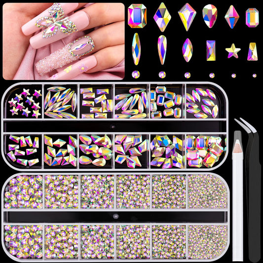 3220Pcs AB Glass Nail Rhinestones 120Pcs Multi Shapes Flatback Gems Crystal + 3100Pcs 1.5-4mm Round Beads, Manicure Diomand Jewelry Gemstones for Nail Design Makeup Acrylic Nails Decoration-Velvo Beauty