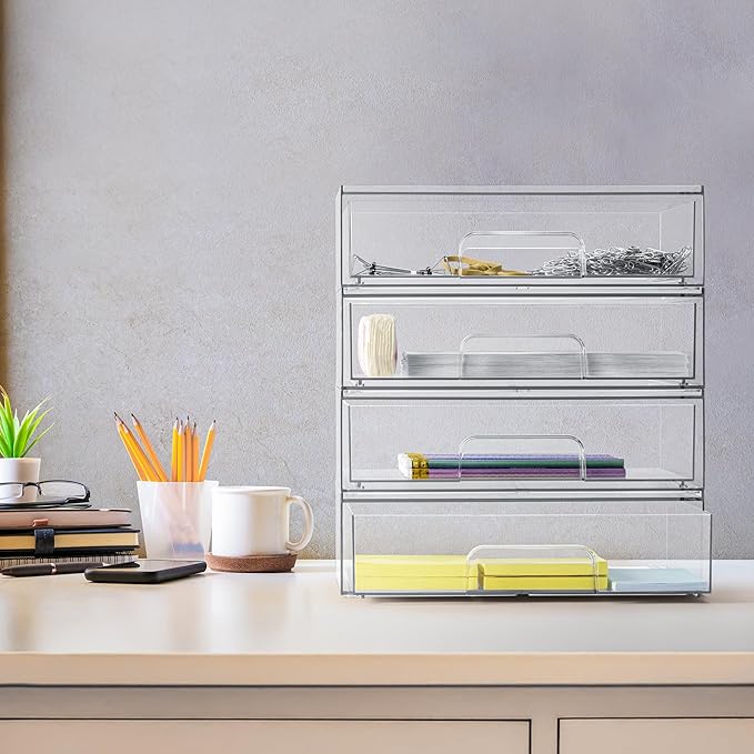 Sorbus Acrylic Storage Containers - 4 Pack, Stackable Storage Bins Set for Bathroom Organization - Clear Acrylic Drawer Organizers - Makeup Case Pull-Out Drawers (12.1’’ Wide)-Velvo Beauty