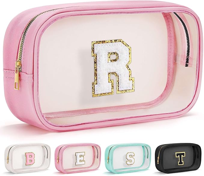 YOOLIFE Initial Travel Makeup Bag Pouch, Clear Toiletry Bag for Women Travel Accessories Cosmetic Bag Skin Care for Teen Make Up Bags Birthday Gifts for Women Unique Teacher Mom Friends Gifts Pink R-Velvo Beauty