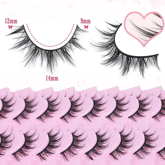 FANXITON Manga Lashes Wispy Natural Look Faux Eyelashes 10 Pairs Asian 3D False Eyelashes 14 mm Cat Eye Lashes Pack-Velvo Beauty