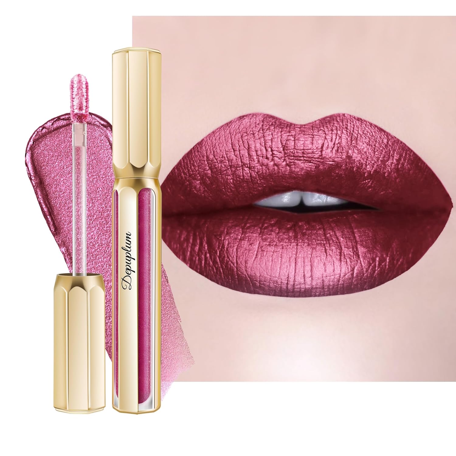 Burgundy Lipsticks for Women Metallic Lipstick Long Lasting Non Stick Cup Lip Gloss, Shimmer Lightweight Hydrating Full Coverage Lip Color, DP107 Wild Girl-Velvo Beauty