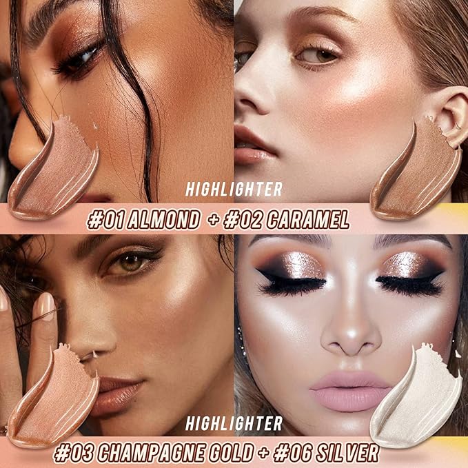 2 Pcs Cream Contour Stick Makeup Kit, Cream Highlighter Stick & Contour Bronzer Stick for Cheeks, Lightweight Blendable Smooth -Highlighter (#03 Champagne Gold #06 Silver)-Velvo Beauty