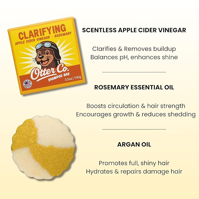Otter co. Clarifying Apple Cider Vinegar Shampoo Bar for Build Up – Argan oil, Rosemary, Nettle, Jojoba oil – Vegan, Sulfate Free & Non Toxic – Women and Mens Shampoo, All Hair Types, Made in USA-Velvo Beauty