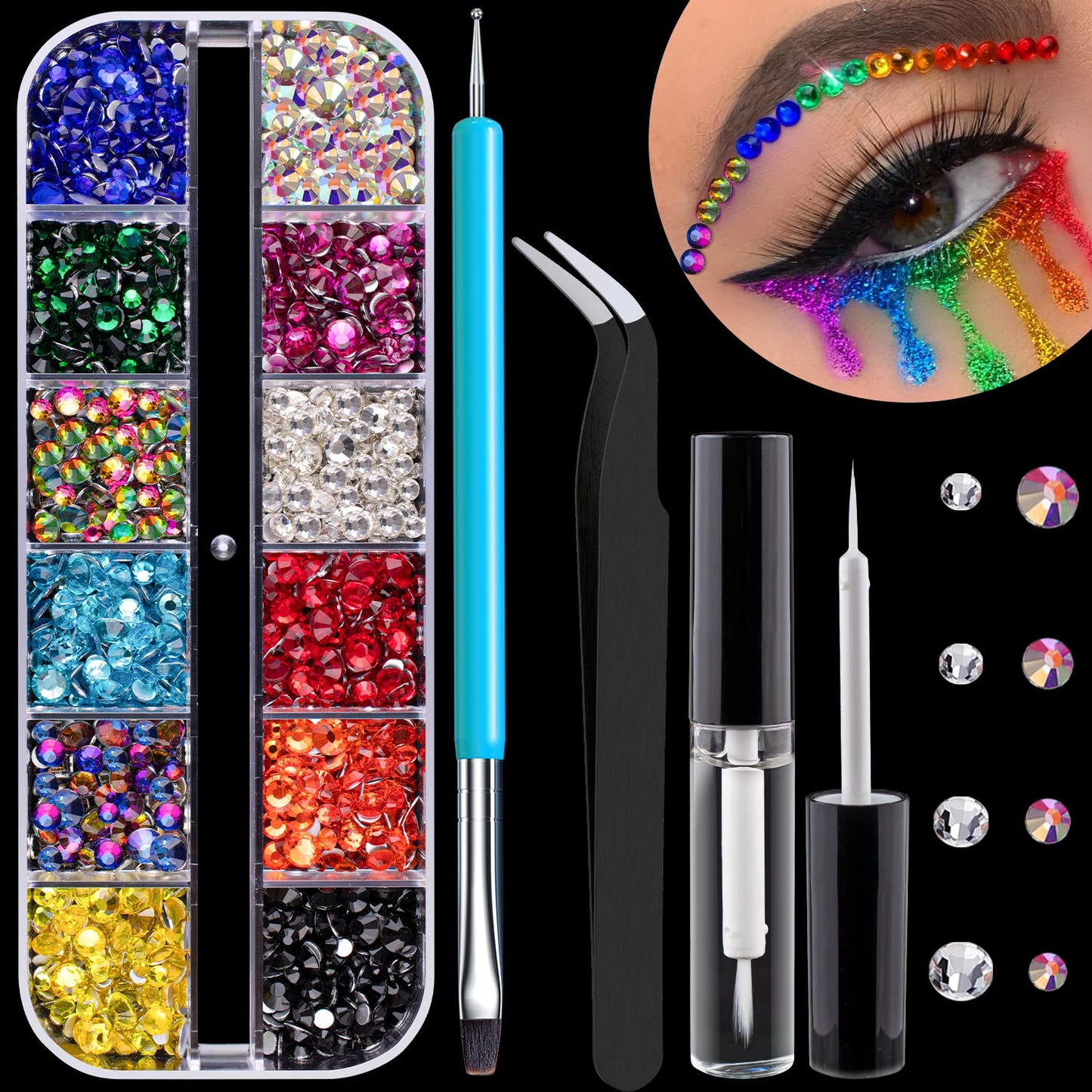 Round Flatback Face Gems Kit (Colorful) for Makeup with Quick Dry Glue + Brush + Tweezer, Nail Art Rhinestones Mixed Color Iridescent Chameleon Glass Crystal Beads for Make-up Deco-Velvo Beauty