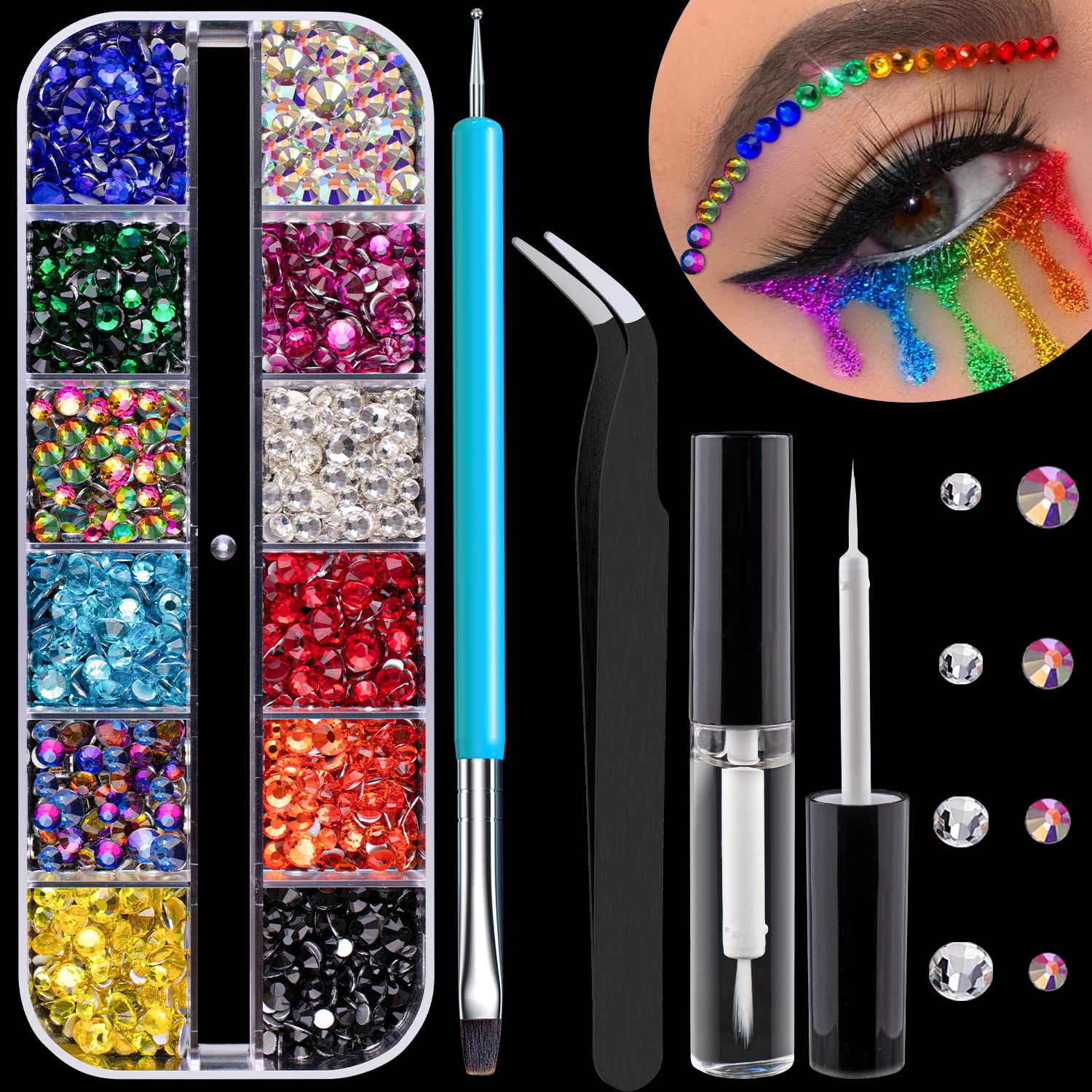 Round Flatback Face Gems Kit (Colorful) for Makeup with Quick Dry Glue + Brush + Tweezer, Nail Art Rhinestones Mixed Color Iridescent Chameleon Glass Crystal Beads for Make-up Deco-Velvo Beauty