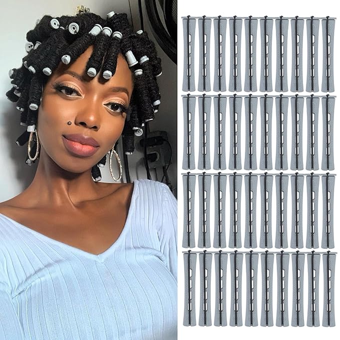 Perm Rods Set for Short Natural Hair 40pcs Gray Plastic Cold Wave Rods Hair Curling Rollers with Steel Pintail Comb Rat Tail DIY Hairdressing Tools(40pcs Gray)-Velvo Beauty