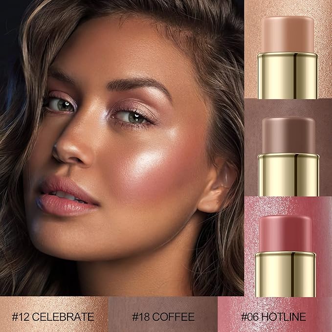 3 Pcs MEDIUM-DEEP Contour Stick Set,Cream Blush & Highlighter Bronzer Pen,Long Lasting & Smooth Natural Face Contouring Illuminator,Professional Makeup Kit for All Skin-Velvo Beauty