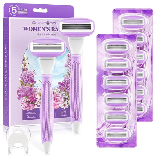 DreamGenius Razors for Women Include 2 Non-Slip Handles and 14 Blade Refills with a Shower Holder, 5 Premium Blades Women's Razors for Shaving with 360° Lubrication Reduces Irritation, Purple-Velvo Beauty