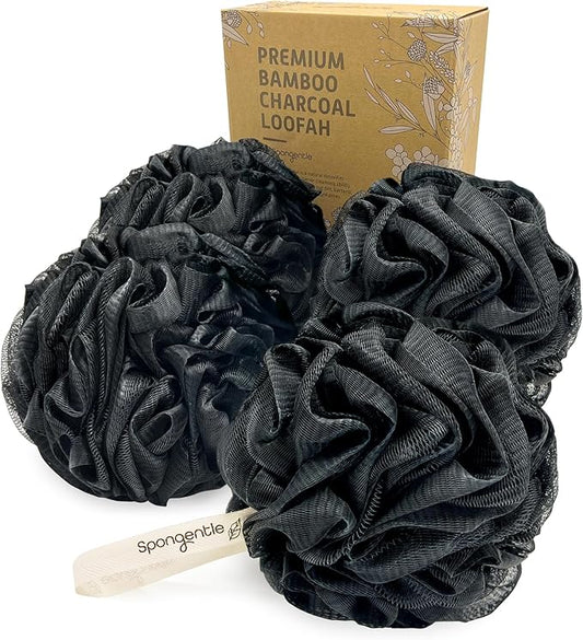 Spongentle Charcoal Bamboo Premium Deep Cleansing Loofah Sponge for Radiant Skin, Pack of 4, Bath and Shower, Exfoliating Body Scrubber, Beautiful Colors for Women and Men-Velvo Beauty