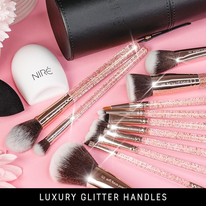 Niré Beauty 15piece Award Winning Glitter Makeup Brushes: Cute Makeup Brushes Set with Case, Beauty Blender, Cleaner, Guide, Gift Box-Velvo Beauty