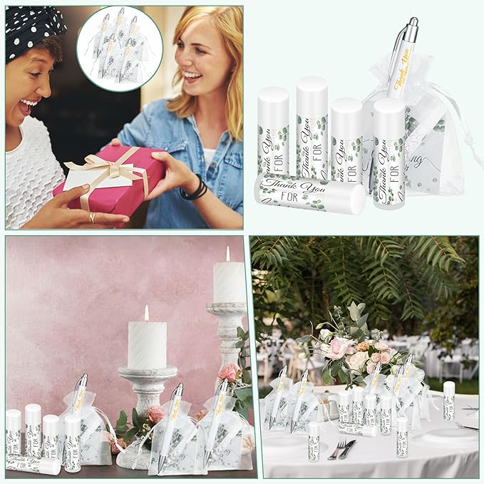 50 Set Bulk Thank You Combo Gifts Include Lip Balms Appreciation Ballpoint Pen Thank You Card Organza Drawstring Gift Bag Pouch for Wedding Parties Baby Shower Favors, Eucalyptus Leaves Style-Velvo Beauty