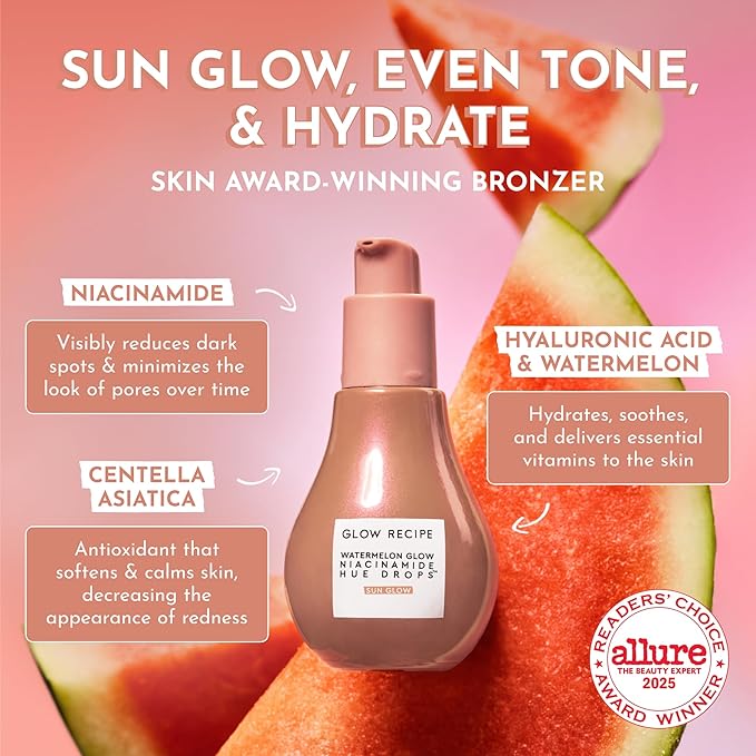 Glow Recipe Hue Drops Tinted Face Serum - Bronzing Drops to Brighten & Hydrate - Skincare Makeup Primer & Liquid Highlighter to Blur Pores for a Radiant, Even Skin Tone - Sunglow (40ml)-Velvo Beauty