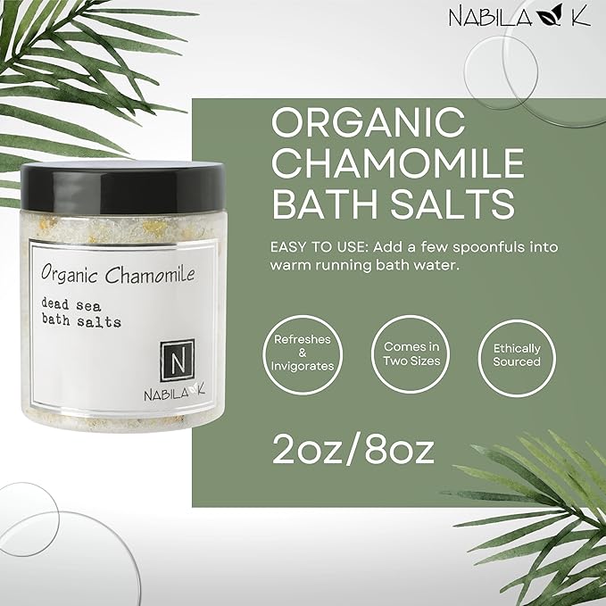 Organic Chamomile Bath Salts by Nabila K - Dead Sea Salt & Epsom Salt Scrub & Soak - Exfoliates & Hydrates Skin, Botanical Essential Oils - Bubble Bath Accessories for All Skins Types, 8 oz-Velvo Beauty