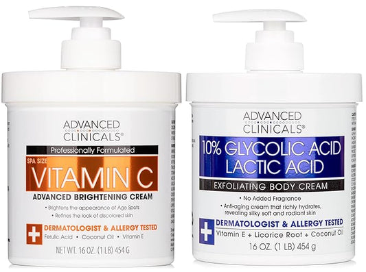 Advanced Clinicals Brightening Vitamin C Body Cream + AHA Exfoliating 10% Glycolic Acid & Lactic Acid Lotion 2PC Skincare Set For Women & Men To Reduce Appearance Of Dark Spots & Uneven Skin Tone-Velvo Beauty