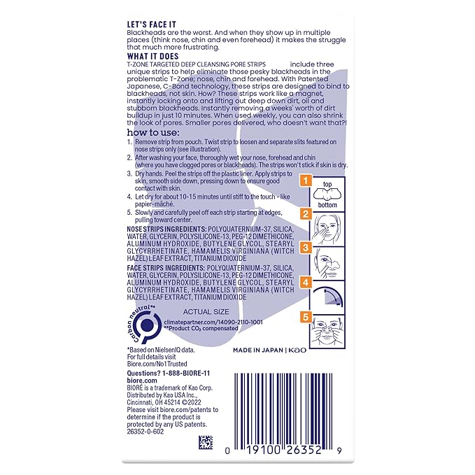 Bioré T-Zone Blackhead Remover Strips, Deep Cleansing Pore Strips, (5 Nose + 5 Face + 5 Chin Strips), Instant Pore Unclogging for the T-Zone Area, 15 Count-Velvo Beauty