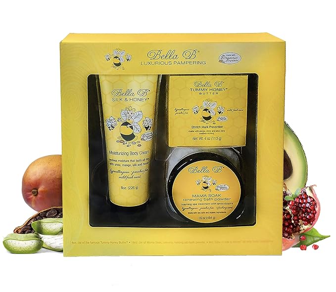 BELLA B 3-Piece Gift Set - Pregnancy Gifts For First Time Moms - Pregnant Mom Gifts - Mom To Be Gifts - Pregnancy Gift Basket - Sitz Bath Soak - Honey Tummy Butter - Silk And Honey Moisturizing Cream-Velvo Beauty