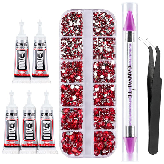 Canvalite 2784PCS Red Rhinestones Flat Back Gems, Nail Rhinestones Gems with 5Pcs Jewelry Glues, Pick Up Tweezers and Diamonds Picker Dotting Pen, Tools for Nail Art, Clothes, Face, Crafts-Velvo Beauty
