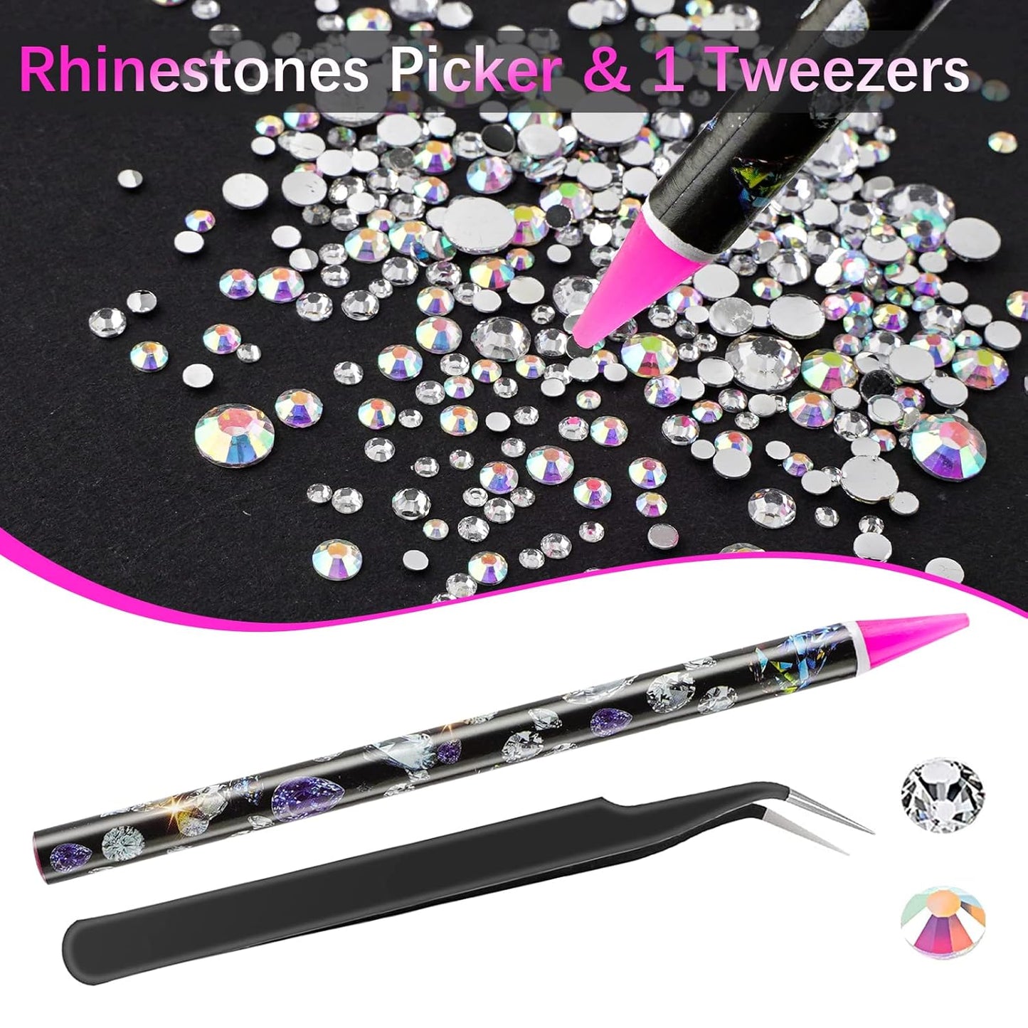 Canvalite Rhinestones 2784PCS in 6 Sizes Flat Back Gems, Crystal AB Art Gems with 5Pcs B7000 Glue, Pick Up Tweezers and Picker Dotting Pen for Nails, Makeup, Stocking Stuffers Gifts for Women-Velvo Beauty