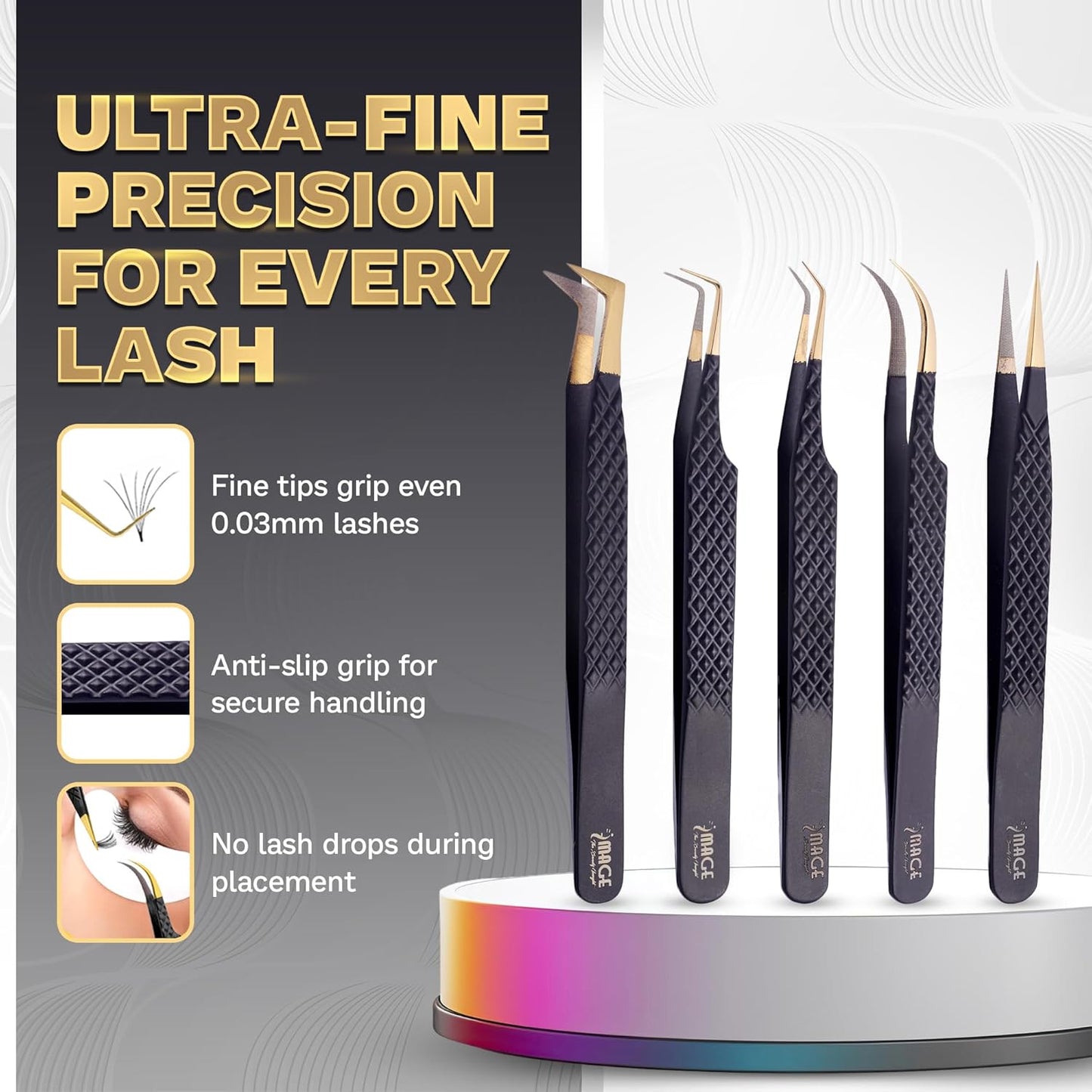 5 Pcs Fiber-Tip Japanese Steel Lash Tweezer Set with Leather Case, Professional Eyelash Tweezers for Lash Extensions – Titanium Coated, 90 & 45 Angled, Precision Pointed Tweezers (MATT BLACK)-Velvo Beauty
