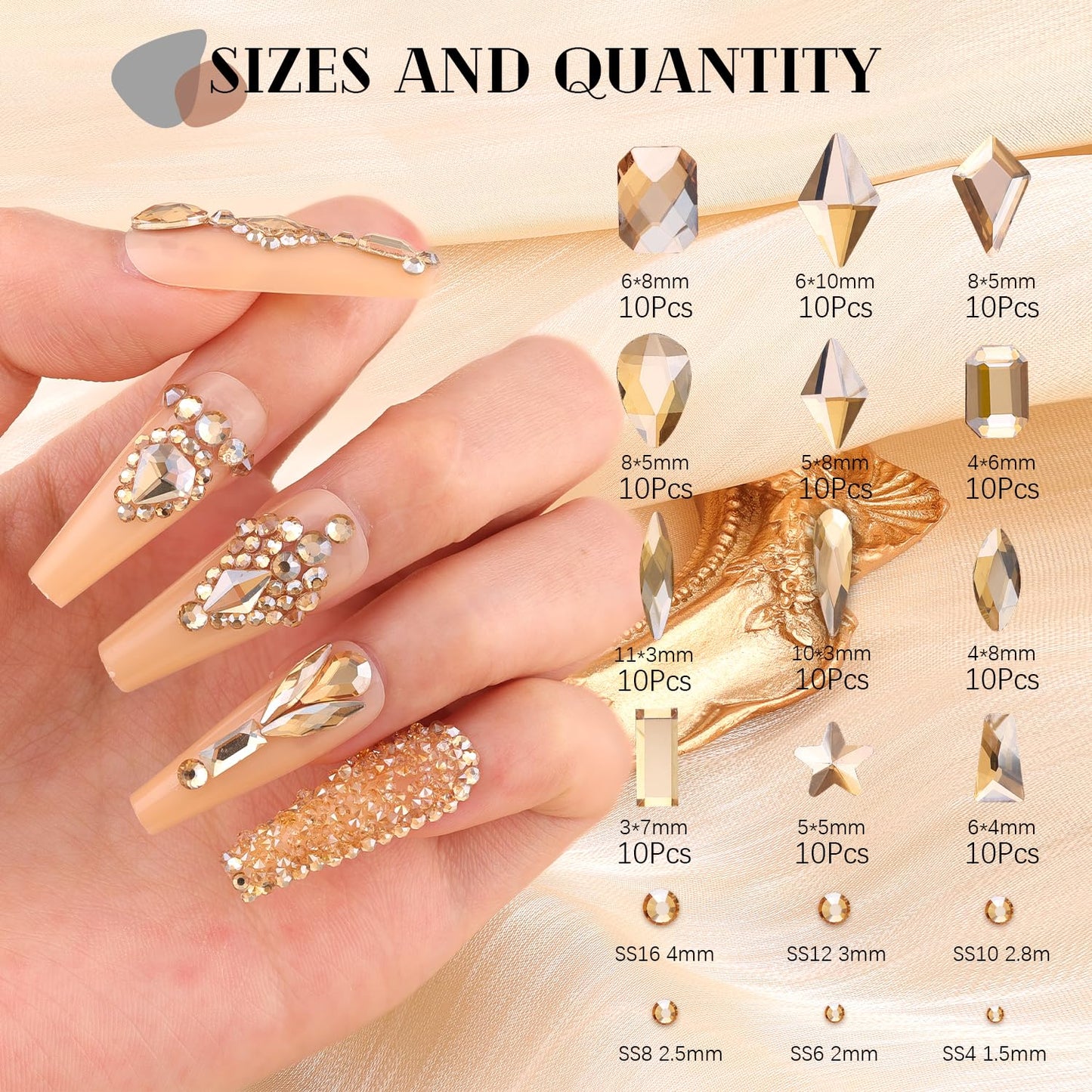 3220Pcs Gold Nail Rhinestones, 1.5-4mm Mini Flatback Crystal & 3D Multi Shapes Gems, Champagne Gold Charms Diamond Gemstones for Nails Decoration-Velvo Beauty