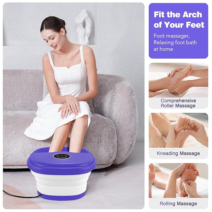 Collapsible Foot Spa with Heat, Remote Control, Temperature Control, Bubbles, Pumice Stone, Red Light, Timer, 16 Massage Roller Pedicure Foot Bath Tub Foot Soaker for Feet Stress Relief, Purple-Velvo Beauty