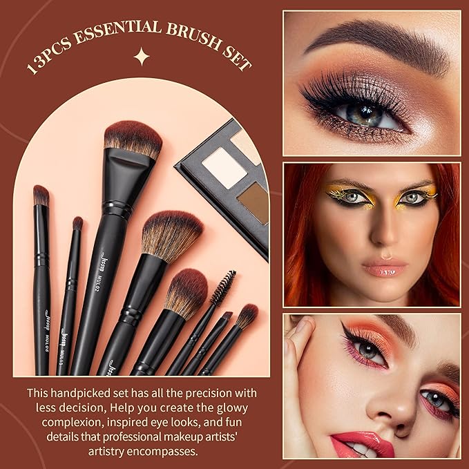 Jessup Full Makeup Brushes Set 13pcs, Professional Vegan Foundation Powder Contour Blush Highlight Eyeshadow Blending Concealer Spoolie EyeLiner Brush, Phantom Black T300-Velvo Beauty