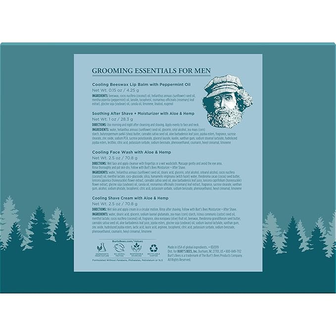 Burt's Bees Gifts Ideas - Grooming Essentials Kit, 4 Products for Men - Cooling Face Wash, Shave Cream, Soothing Moisturizer After Shave & Original Beeswax Lip Balm-Velvo Beauty