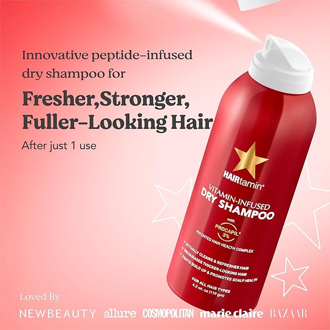 HAIRtamin Vitamin Infused Dry Shampoo for Women | Hair Texture Spray that Cleanses & Refreshes | Hair Complex for Healthy Thicker-Looking Hair | Procapil 3% & Vitamins for Scalp Health | Talc Free-Velvo Beauty