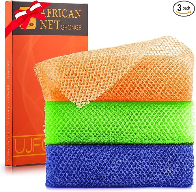 UJFQBH 3 Pieces African Bath Sponge African Net Long Net Bath Sponge Exfoliating Shower Body Scrubber Back Scrubber Skin Smoother,Great for Daily Use (Orange、Blue、Green)-Velvo Beauty