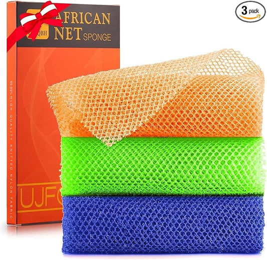UJFQBH 3 Pieces African Bath Sponge African Net Long Net Bath Sponge Exfoliating Shower Body Scrubber Back Scrubber Skin Smoother,Great for Daily Use (Orange、Blue、Green)-Velvo Beauty