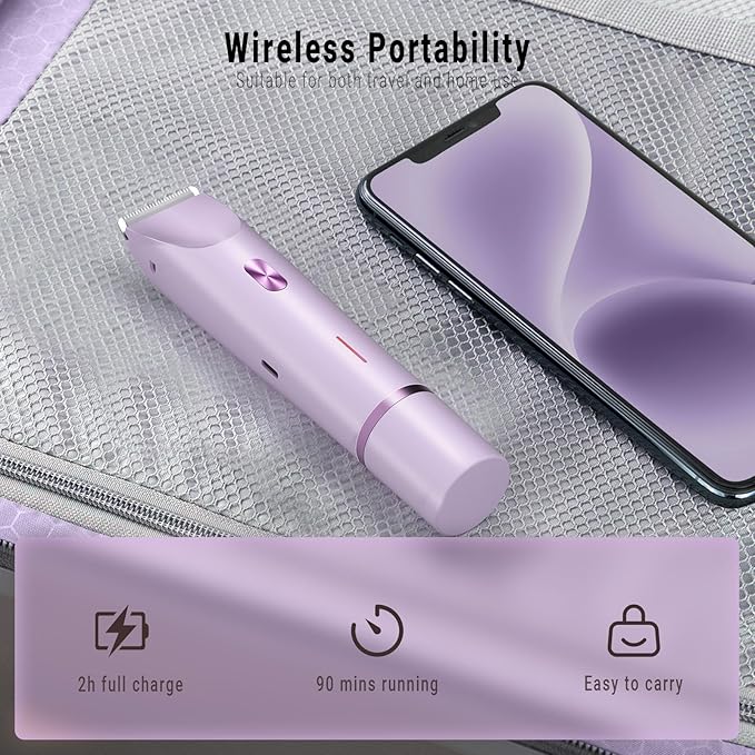 2-in-1 Bikini Trimmer and Shaver Kit for Women, Electric Body Hair Trimmer Facial Hair Removal Cordless Bikini Shaver Razor for Face Lip Chin Pubic Underarm Legs, Purple-Velvo Beauty