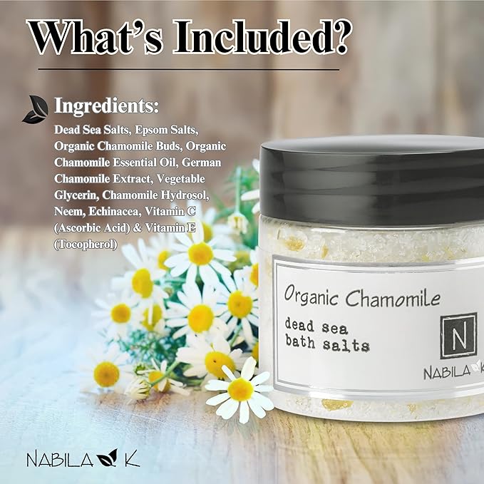Organic Chamomile Bath Salts by Nabila K - Dead Sea Salt & Epsom Salt Scrub & Soak - Exfoliates & Hydrates Skin, Botanical Essential Oils - Bubble Bath Accessories for All Skins Types, 8 oz-Velvo Beauty