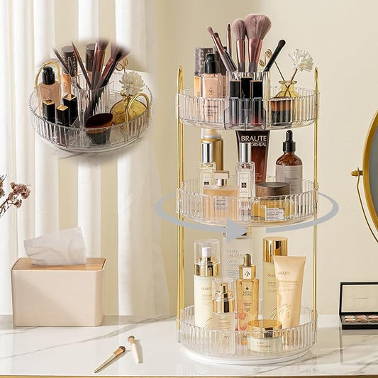 Rotating Makeup Organizer for Vanity, High-Capacity Skincare Clear Make Up Storage Perfume Organizers Cosmetic Dresser Organizer Countertop 360 Spinning (Clear, New-3 Tier)-Velvo Beauty