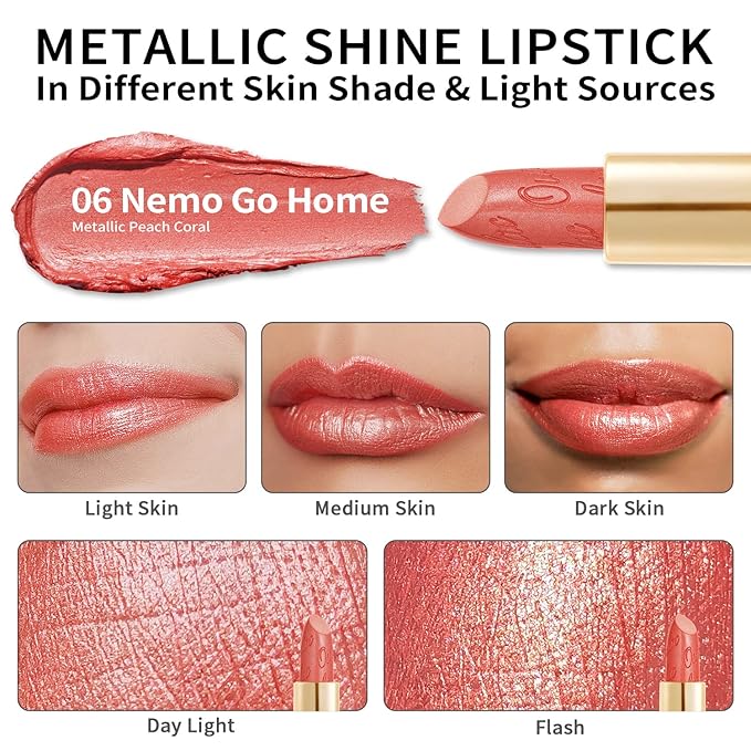 Oulac Coral Pink Lipstick for Women with Metallic 3D Shine Lightweight Hydrating Formula, High Impact Lip Color, Vegan Beauty, Full Coverage Lip Makeup, Christmas Gifts for Women, Nemo Go Home(06)-Velvo Beauty