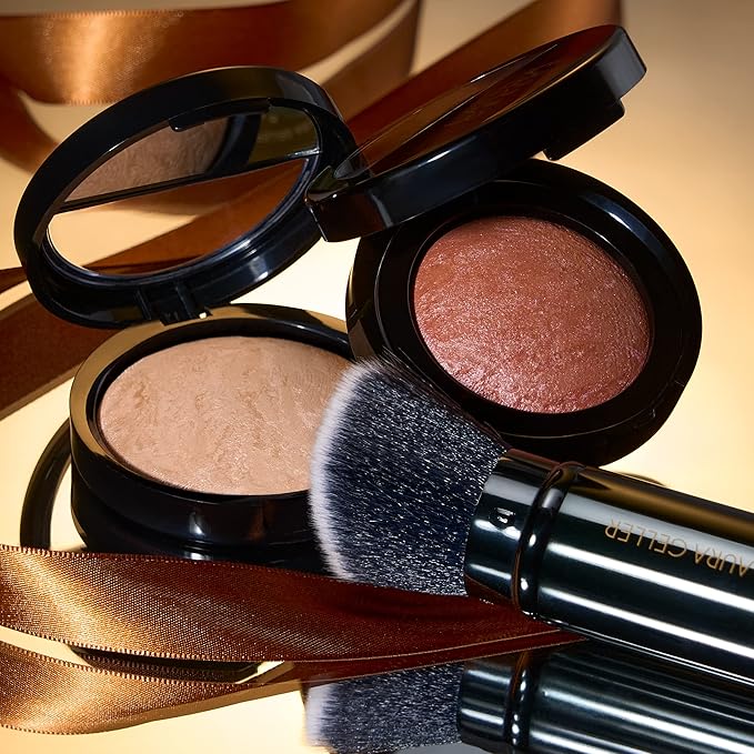 LAURA GELLER NEW YORK Baked Balance-N-Glow Illuminating Powder Foundation, Medium + Retractable Kabuki Brush + Baked Blush-N-Brighten, Pink Grapefruit-Velvo Beauty