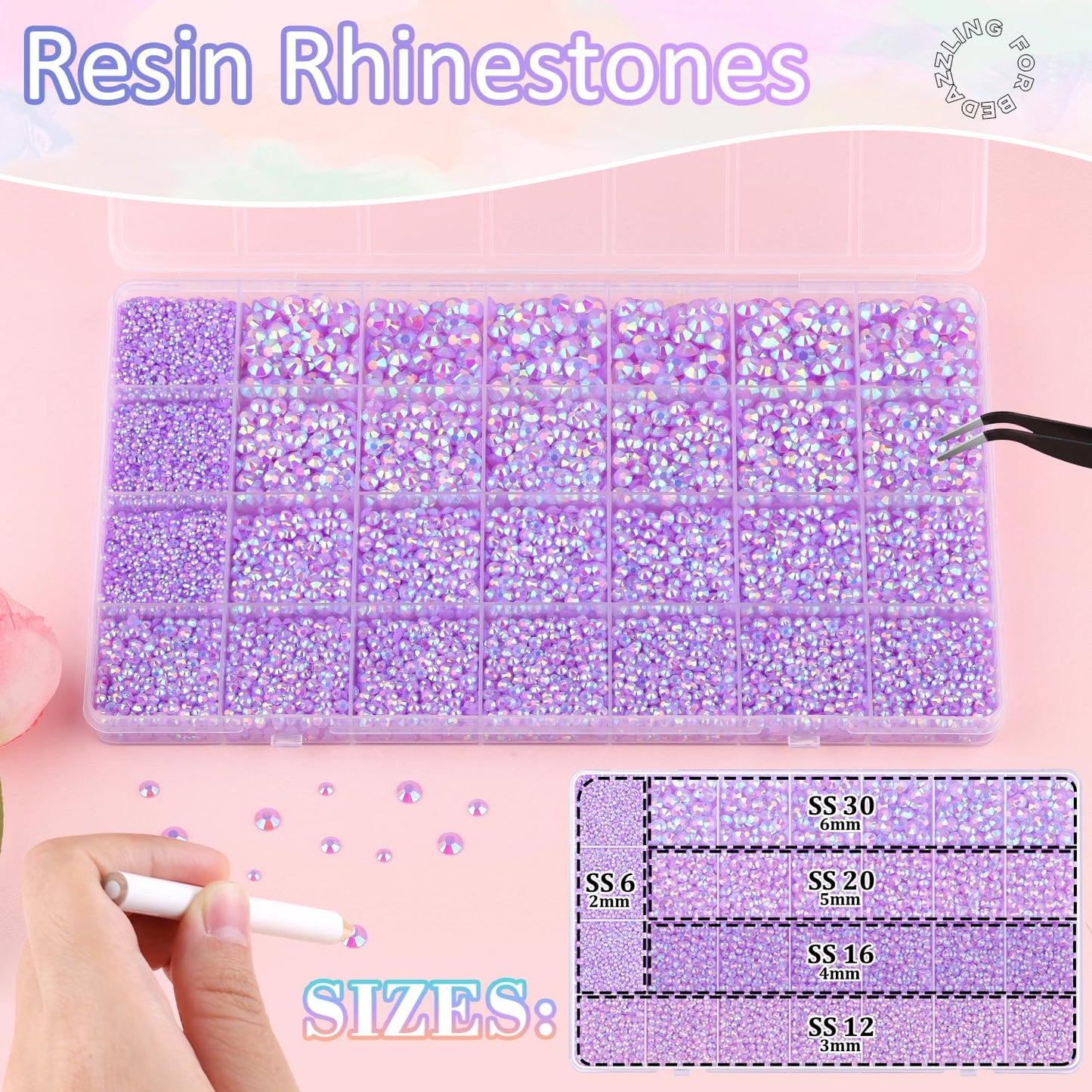 30000Pcs Resin Rhinestones for Bedazzling with 3Pcs B7000 Jewelry Glue, Lavender Purple AB Flatback Gems Rhinestones for Crafting, Clothing Tumblers Mugs Shoes Fabric Decor Nail Art-Velvo Beauty