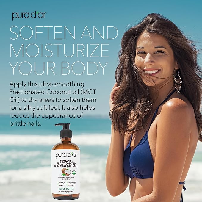 PURA D'OR 16.9 Oz ORGANIC Fractionated Coconut Oil MCT Oil (GLASS BOTTLE) 100% Pure & Natural USDA Certified Cold Pressed - Unscented, Hexane Free Moisturizer For Face, Skin & Hair Tonic - Men & Women-Velvo Beauty