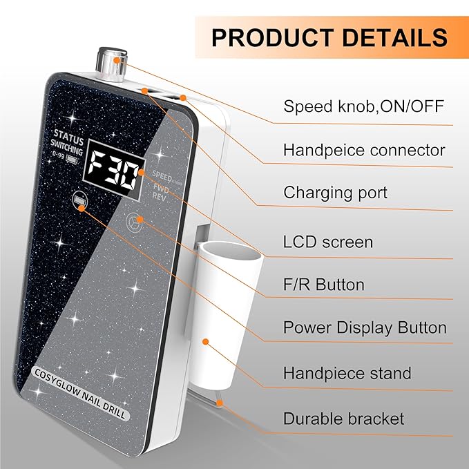 Professional Electric Nail Drill File:COSYGLOW Glitter Portable Cordless E-File Nail Drill Kit with 11 Drill Bits,30000 RPM Rechargeable Nail Drills Machine for Acrylic Nails Gel Polishing(Black)-Velvo Beauty