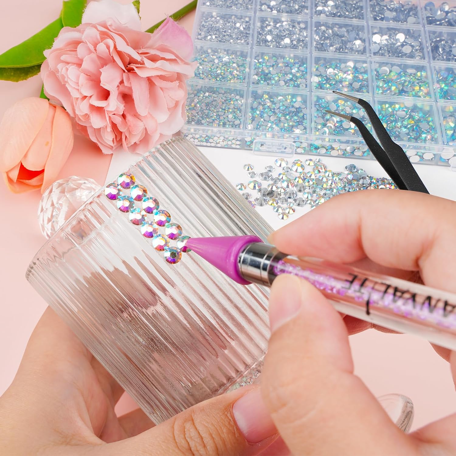 Canvalite 25000PCS Resin Jelly Rhinestones for Crafting,Clear AB Flatback Gems, Bedazzling Crystal with 5 X 2.5g B7000 Jewelry Glue and Tweezers and Dotting Pen for DIY Crafts Clothing Shoes Nail Art-Velvo Beauty